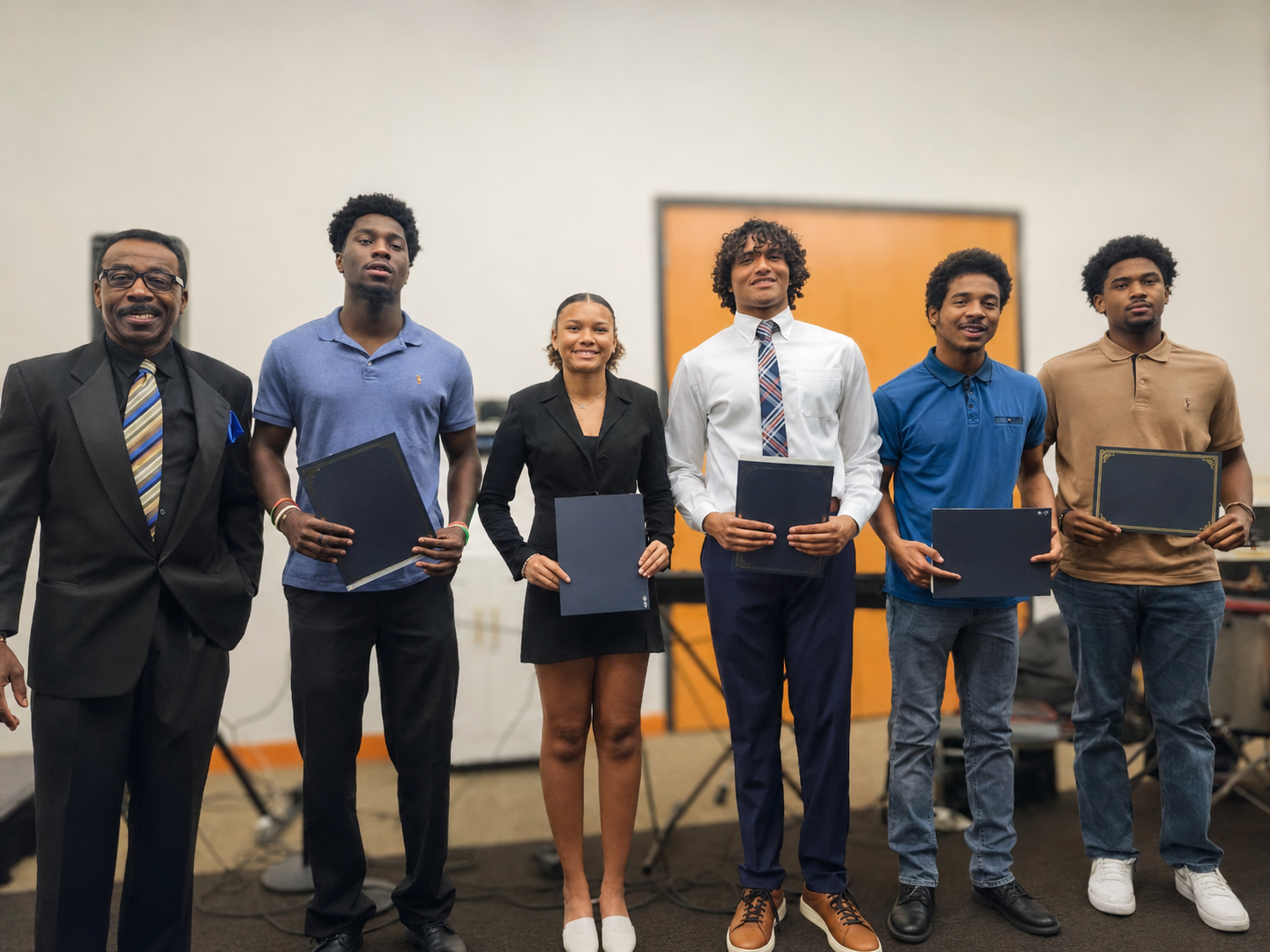 Five scholarship recipients holding award folders with a branch officer