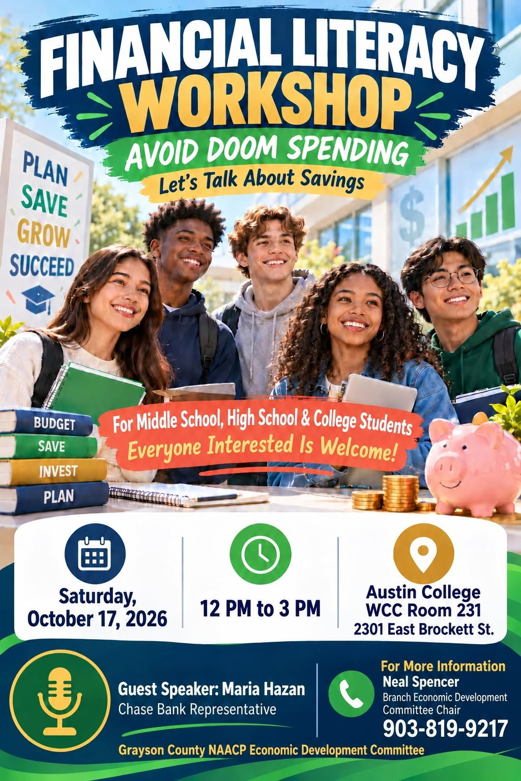 Financial Literacy Workshop flyer: Avoid Doom Spending, Saturday October 17, 2026, 12 PM to 3 PM, Austin College WCC Room 231
